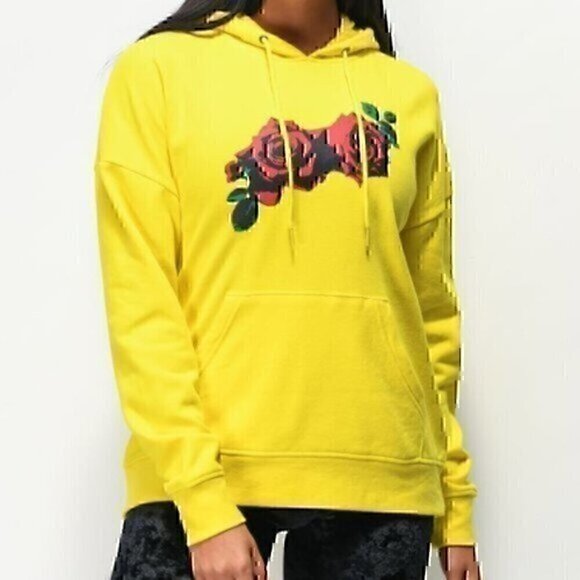 EMPYRE Freida Over You Rose Hoodie Yellow Red Floral Fleece Sweatshirt Small S - Picture 1 of 10